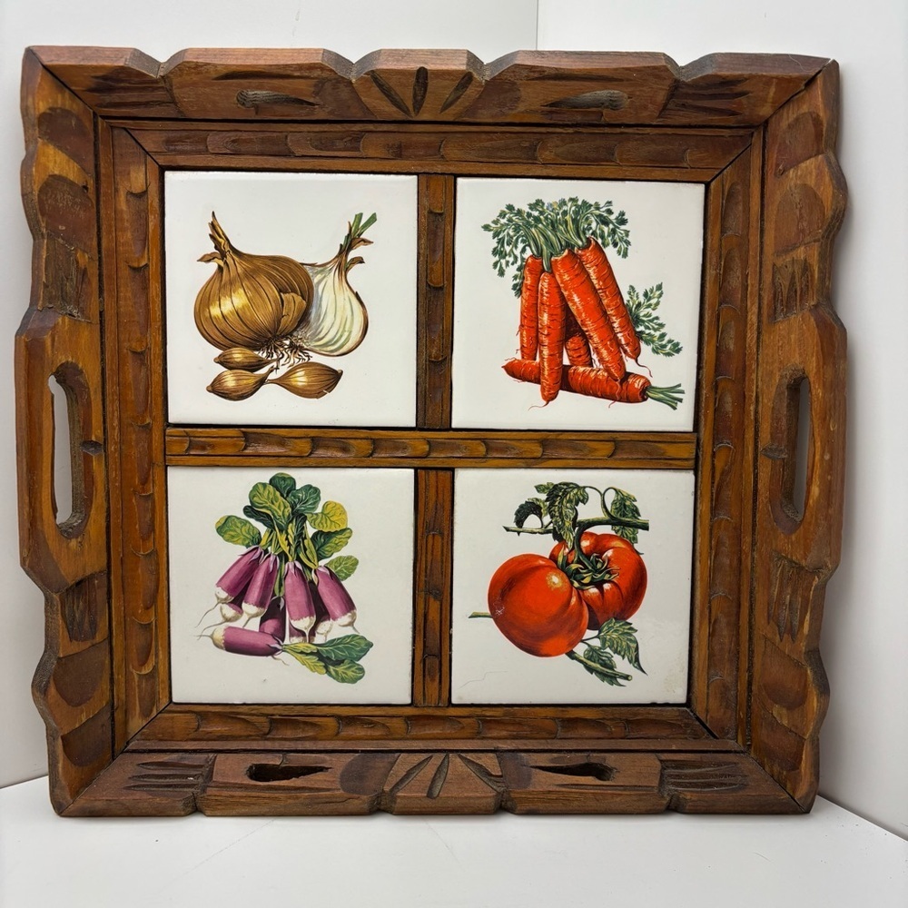 Vintage carved wooden serving tray with ceramic inset vegetable themed tiles